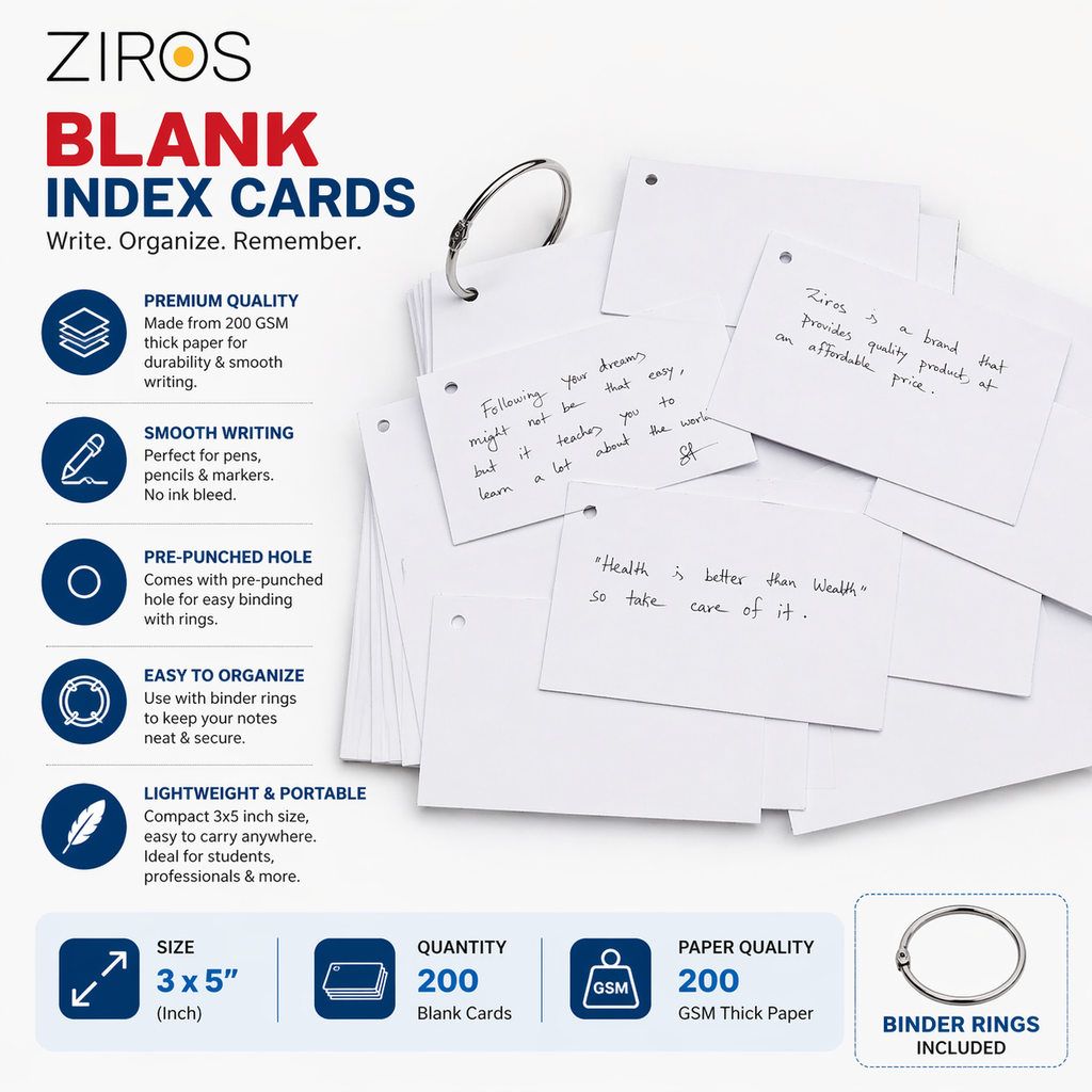 ZIROS Blank Index Flash Cards White, with Binder Rings for Notes, Cue Cards, Exam Preparation (3x5 Inch, 200 GSM)