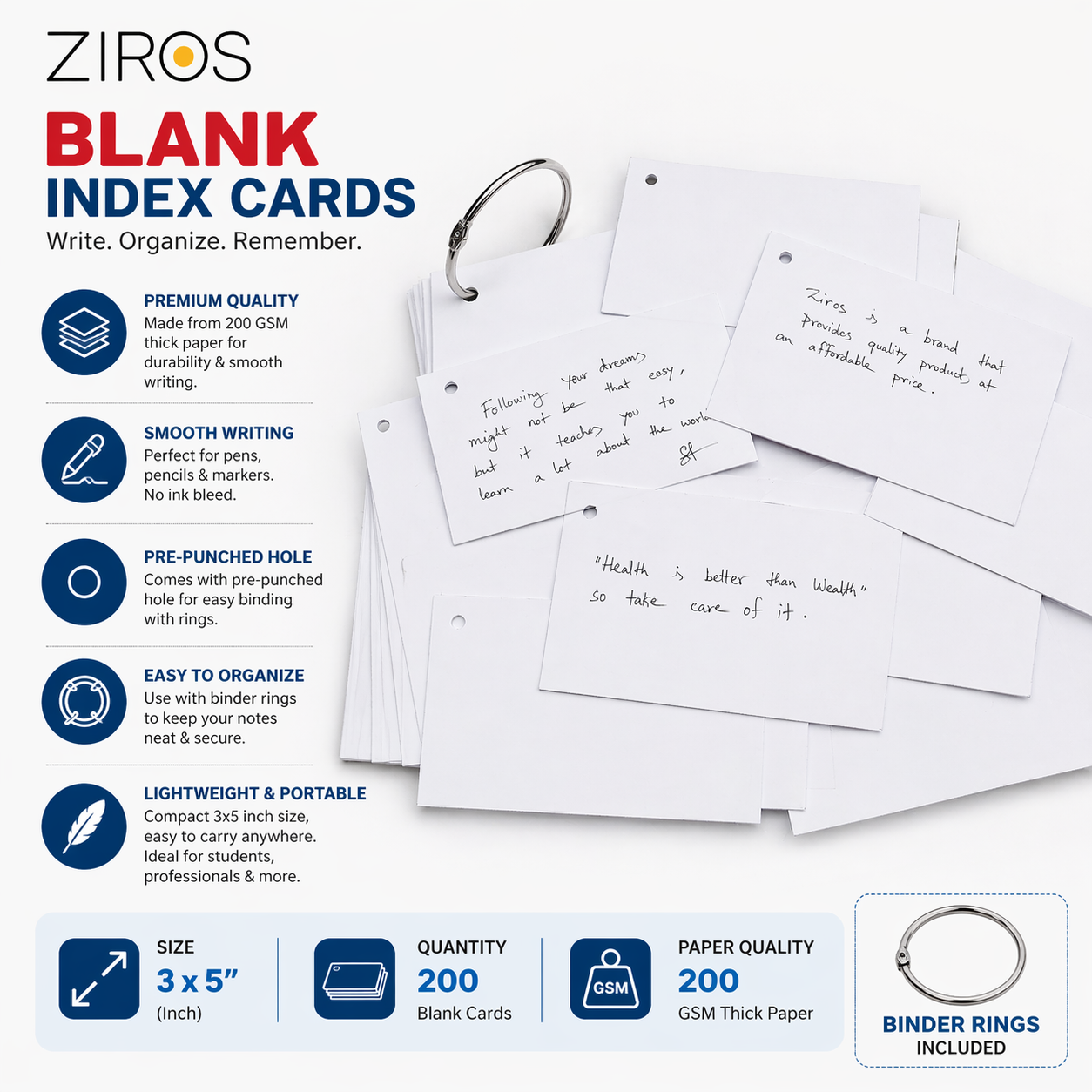 ZIROS Blank Index Flash Cards White, with Binder Rings for Notes, Cue Cards, Exam Preparation (3x5 Inch, 200 GSM)